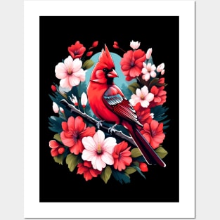 Cute Northern Cardinal Surrounded by Vibrant Spring Flowers Posters and Art